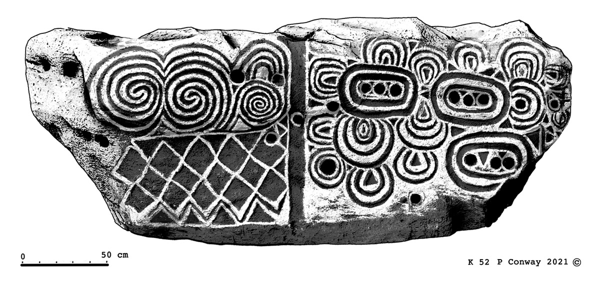 Knowth Kerbstone 52 — carved spirals and lozenges